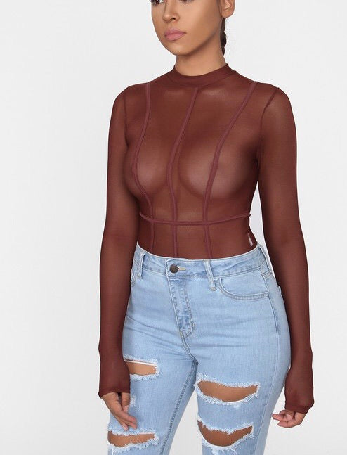 Sheer mesh long sleeve bodysuit